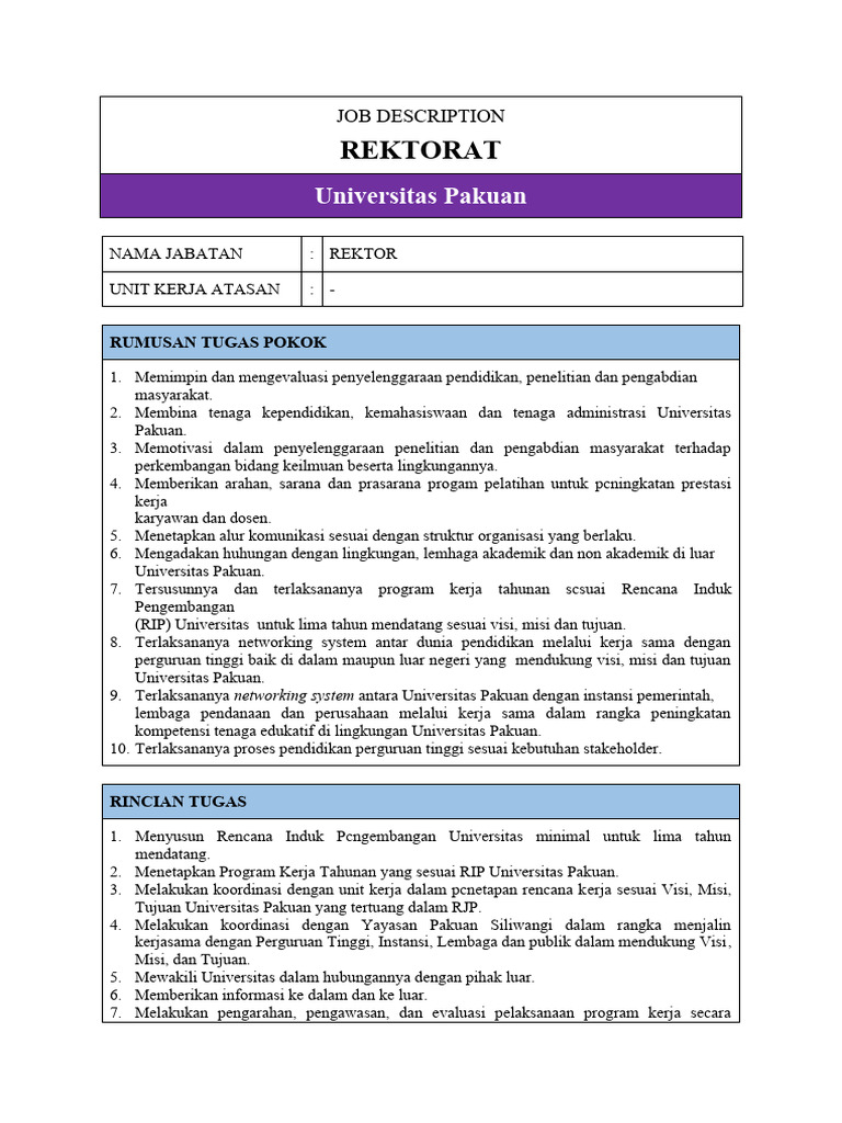 Deskripsi Jabatan Rektor Universitas Pakuan | PDF | Karier ...