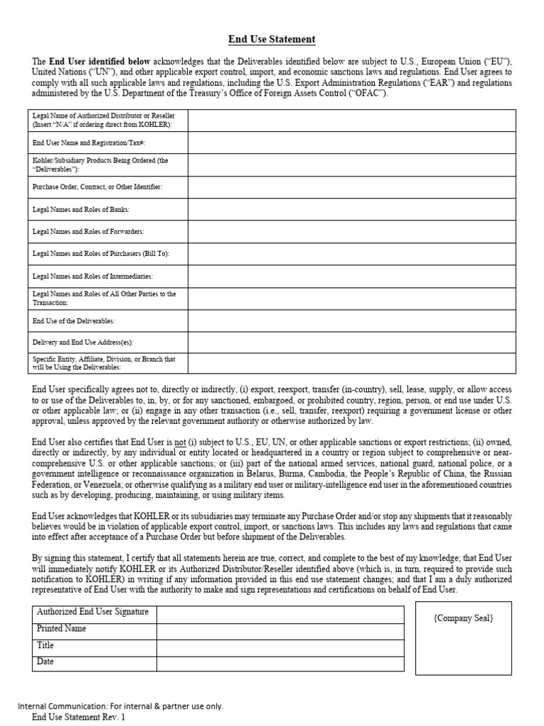 End Use Statement Fillable PDF Office Of Foreign Assets Control