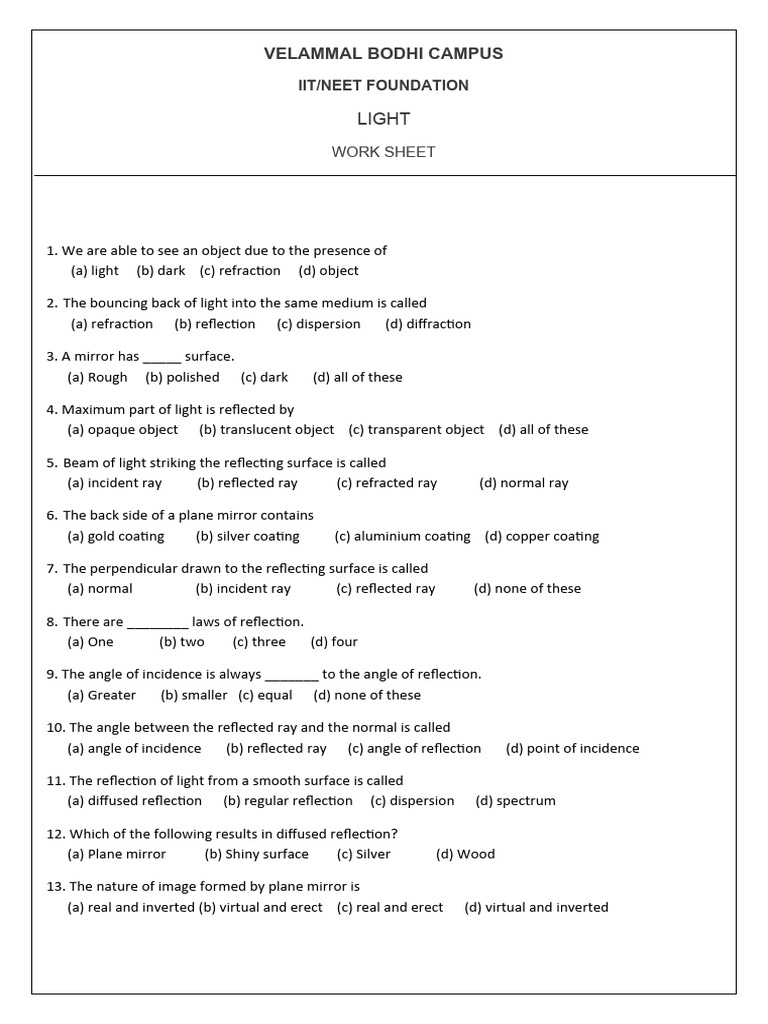 Light Work Sheet PDF