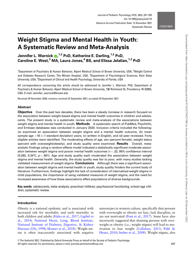 Youth Weight Stigma & Mental Health | PDF | Systematic Review | Psychology