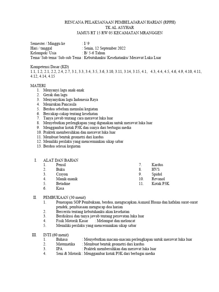 RPPH TK B AREA Semester 1 Minggu 9 Kesehatanku | PDF