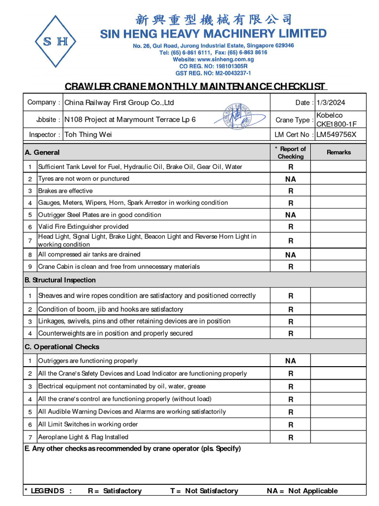 Maintenance Checklist CKE1800 | PDF | Crane (Machine) | Manufactured Goods