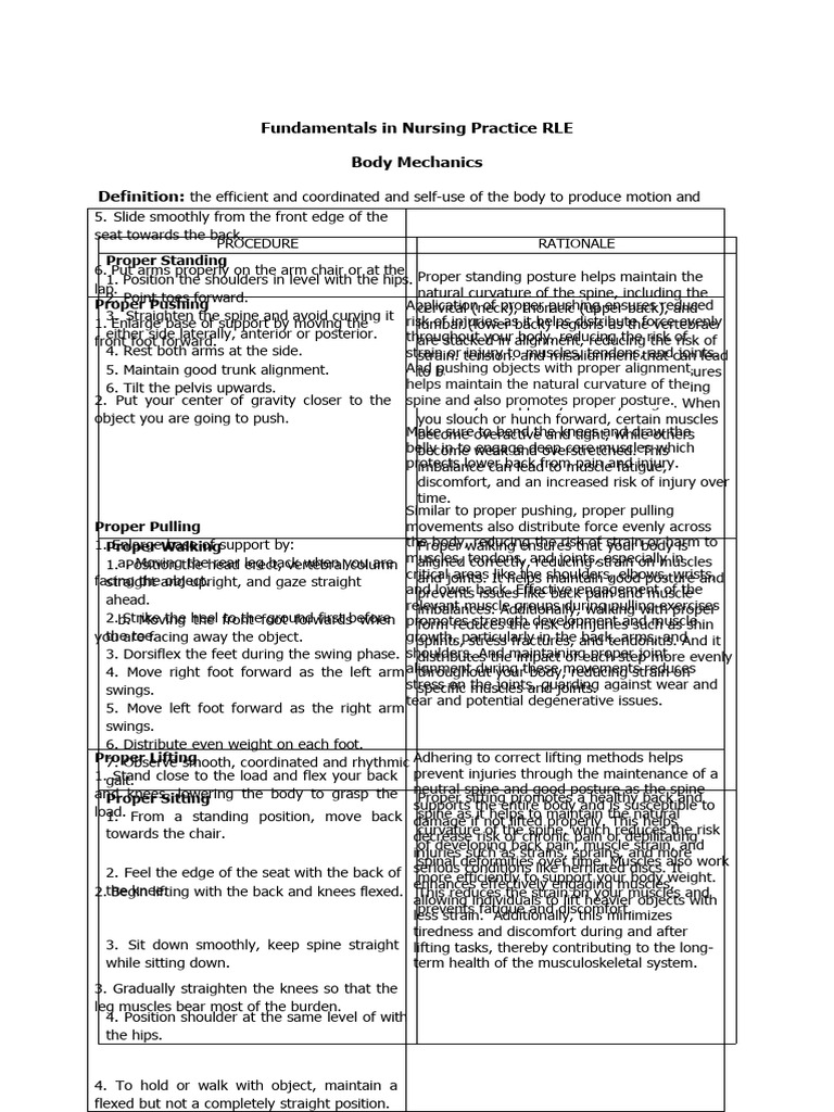 Body Mechanics Procedure Guide With Rationale PDF Vertebral Column