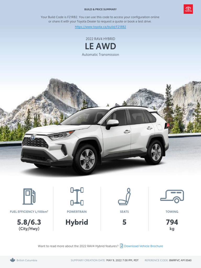 Toyota Build and Price 2022 RAV4 Hybrid LE AWD | PDF | Fee | Taxes
