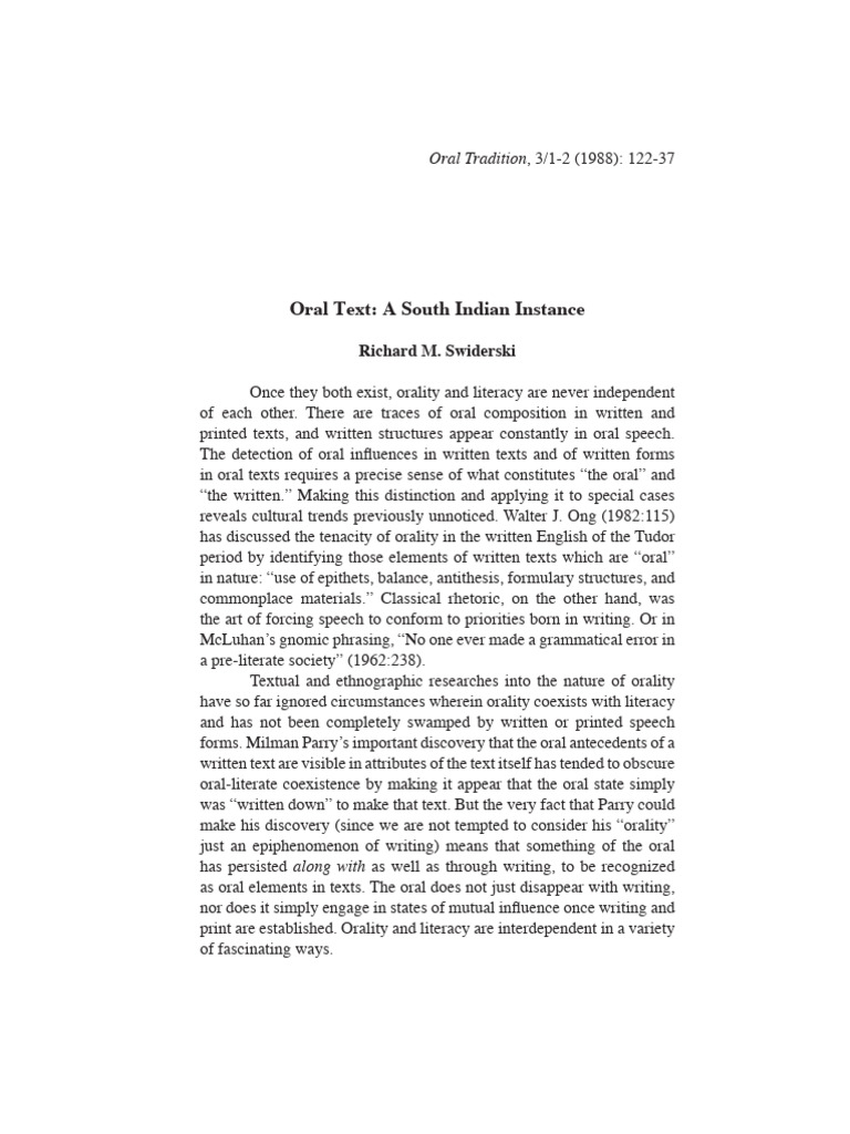 Oral text a south indian instance 7 swiderski pdf language arts