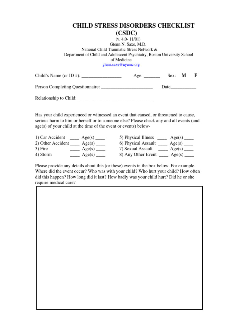 Child Stress Disorders Checklist (CSDC) | PDF | Psychological Trauma ...