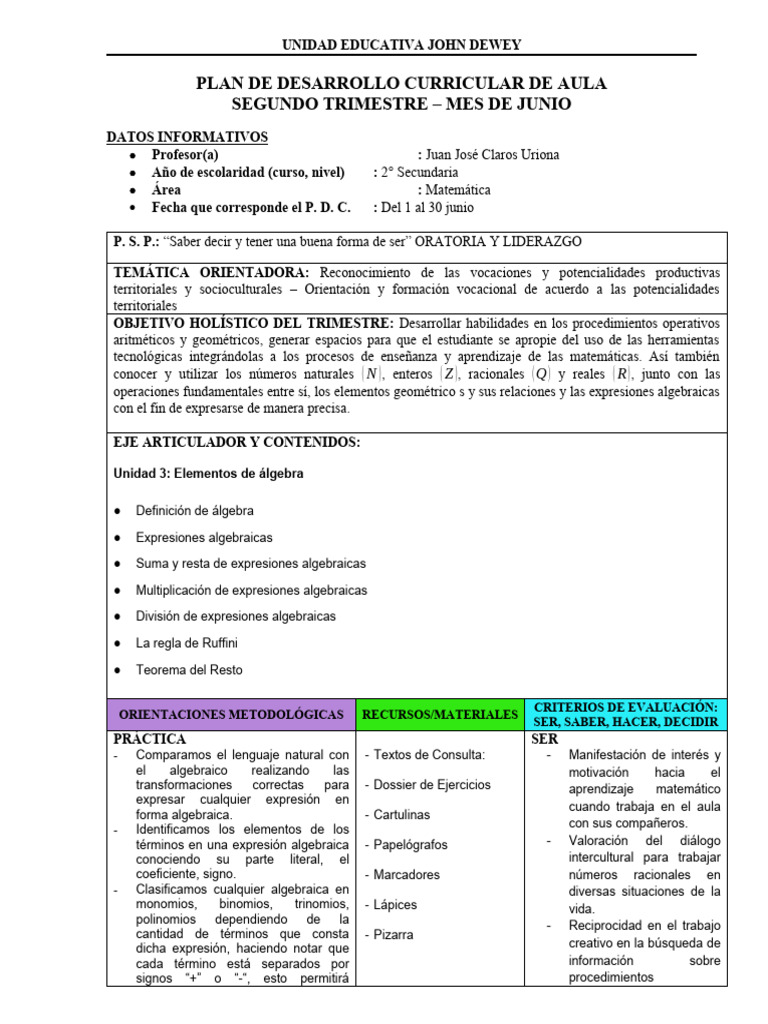 Plan de Desarrollo Curricular de Aula Segundo Trimestre - Mes de Junio ...