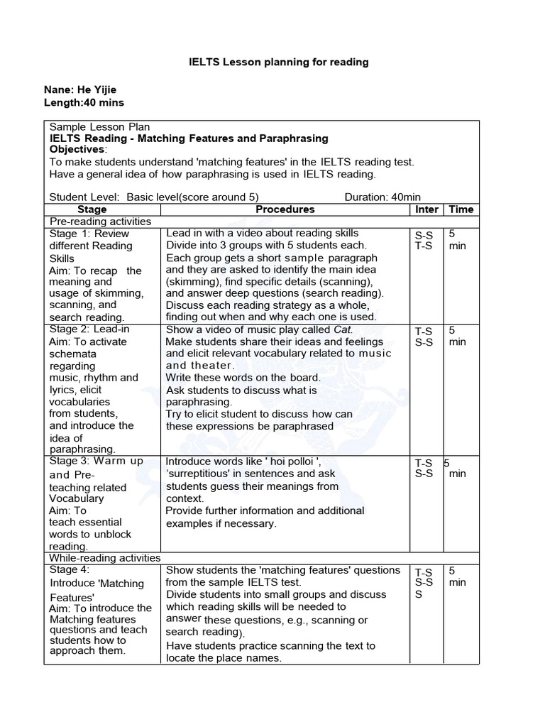 Reading-lesson plan | PDF | International English Language Testing ...