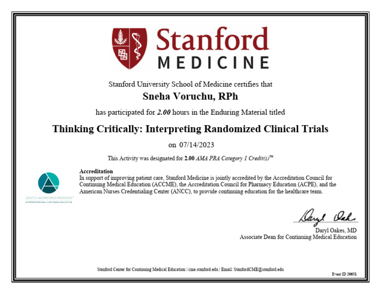 Stanford Medicine ThinkingCritically - RCT Certificate of Completion | PDF