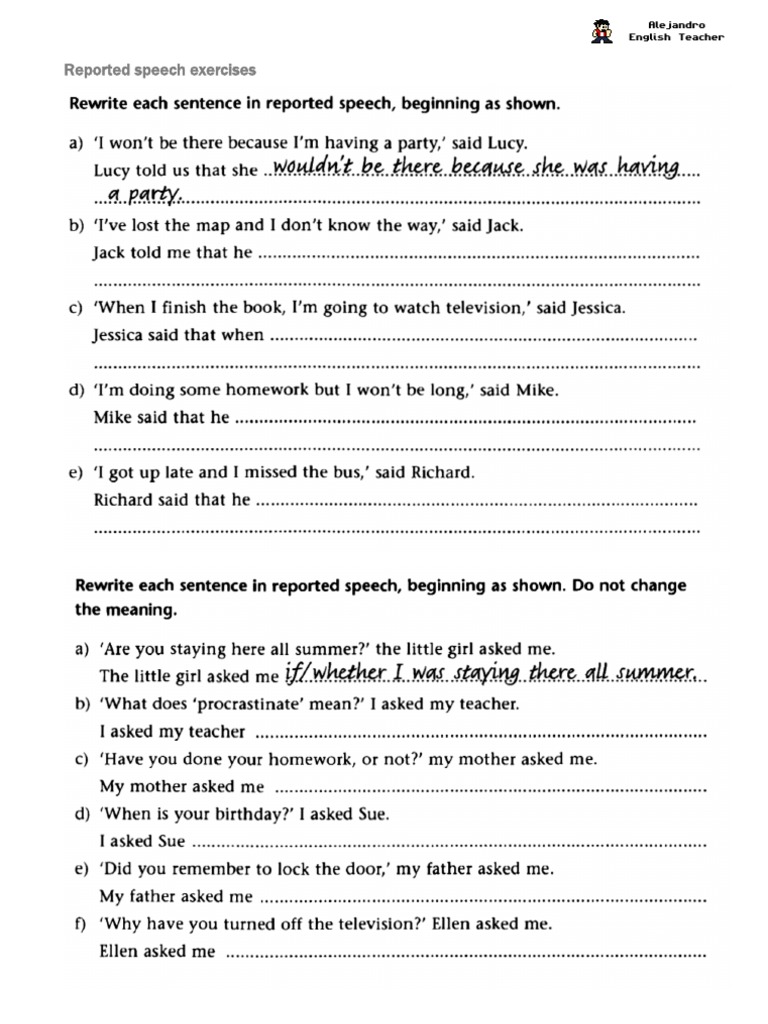 reported speech suggestions exercises pdf