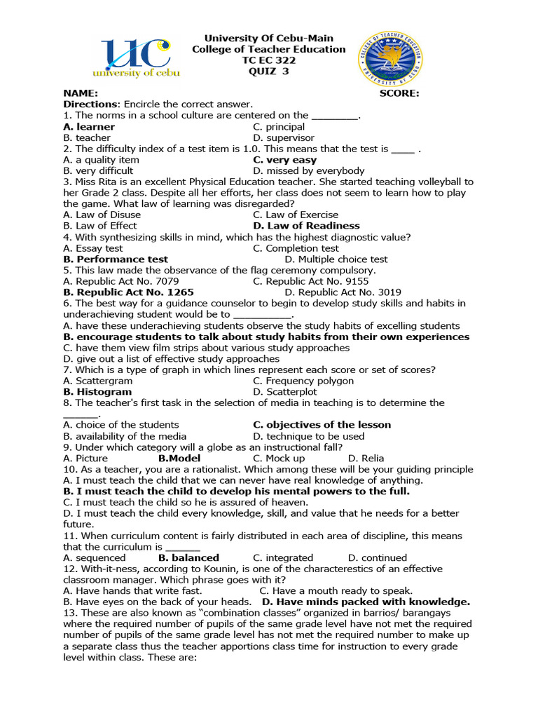 TC EC 322(QUIZ)-ANSWER KEY | PDF | Teachers | Curriculum