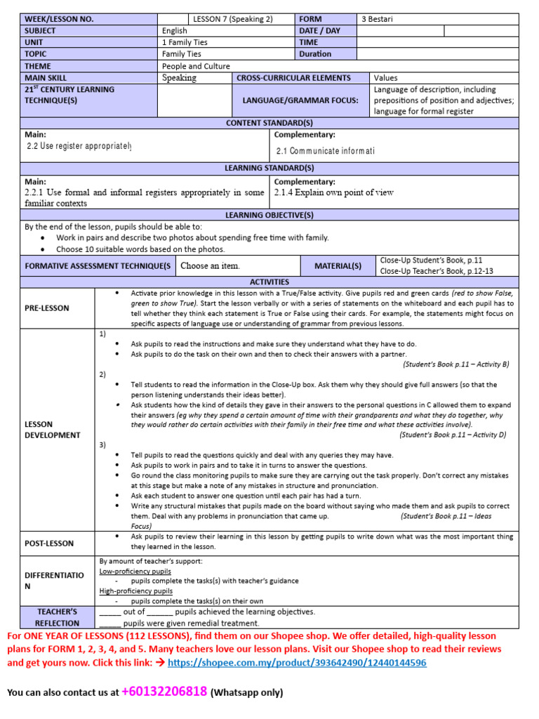 Lesson Plan English Form 3 Cefr