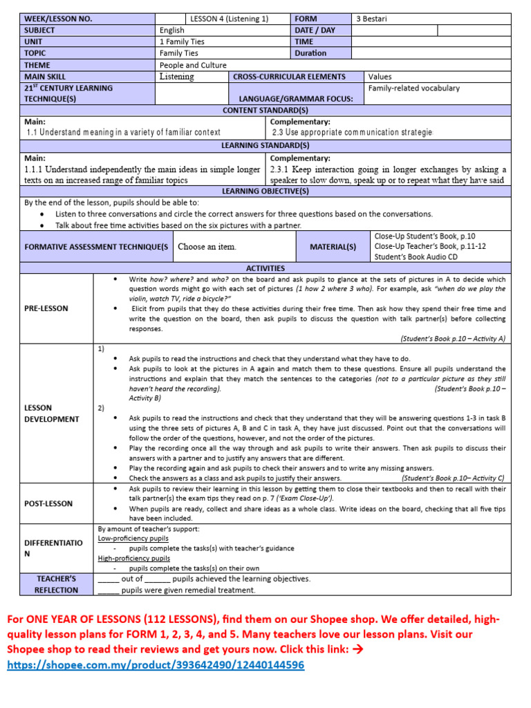 Latest Form 3 Lesson Plan Cefr Kssm English Daily Lesson Plan Rph