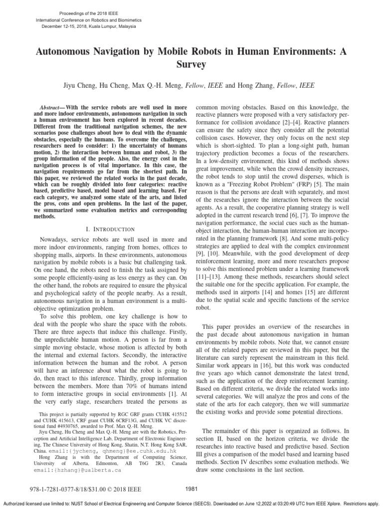 Autonomous Navigation By Mobile Robots In Human Environments A Survey