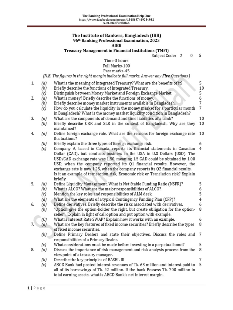 AIBB Treasury Management Exam Questions | PDF | Financial Risk ...