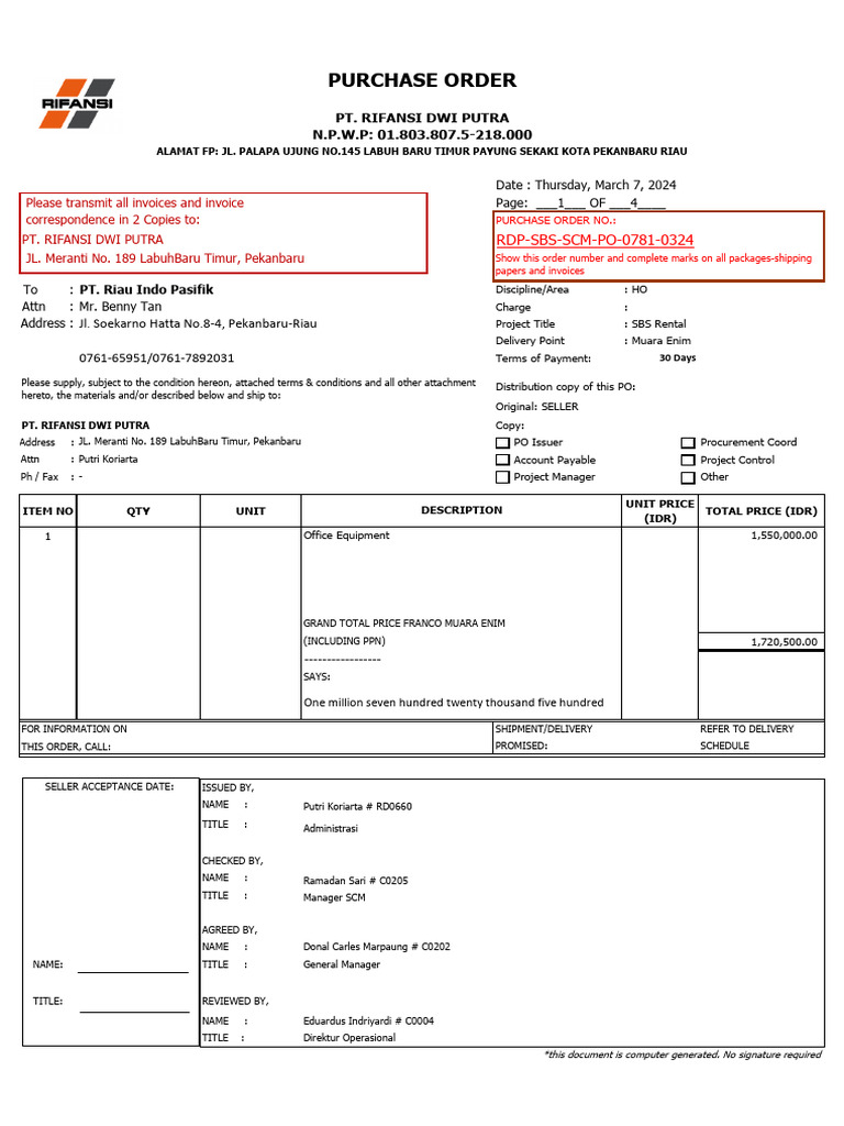 Purchase Order for PT. Rifansi Dwi Putra | PDF | Business | Payments