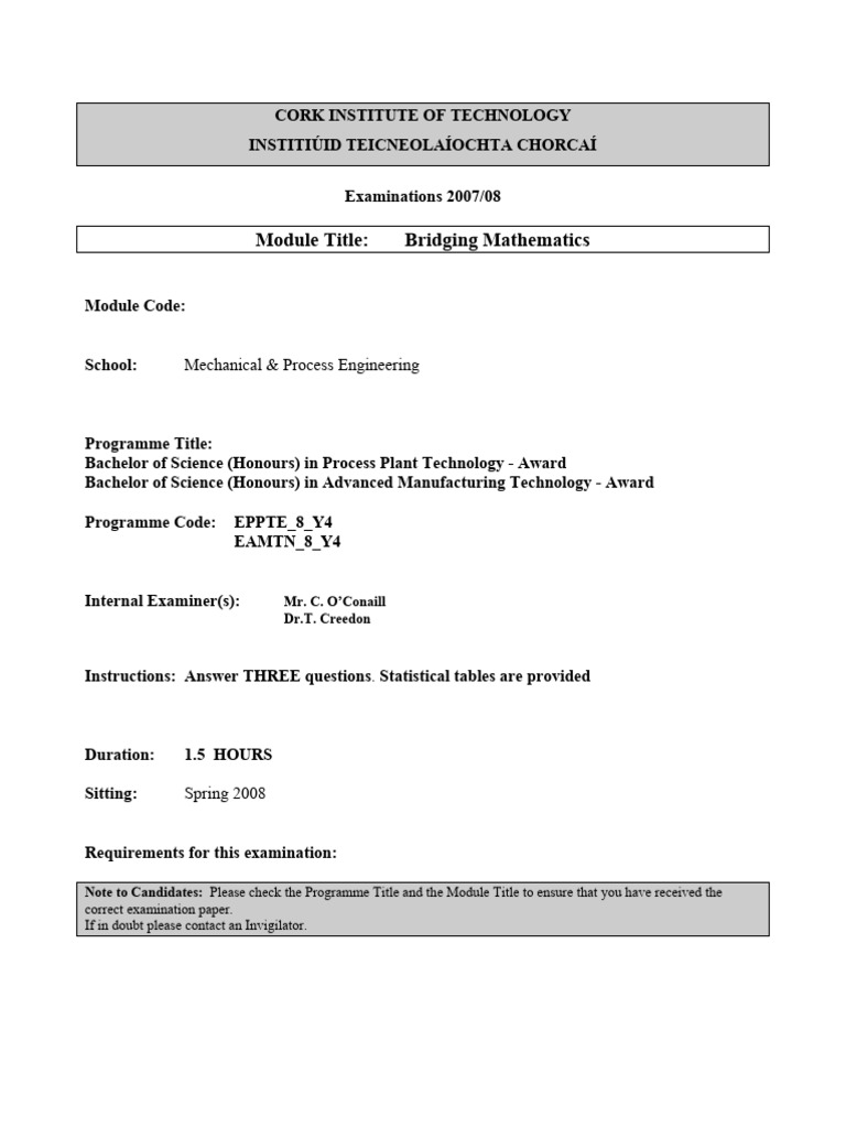 Bridging Mathematics Exam 2008 | PDF | Sample Size Determination ...