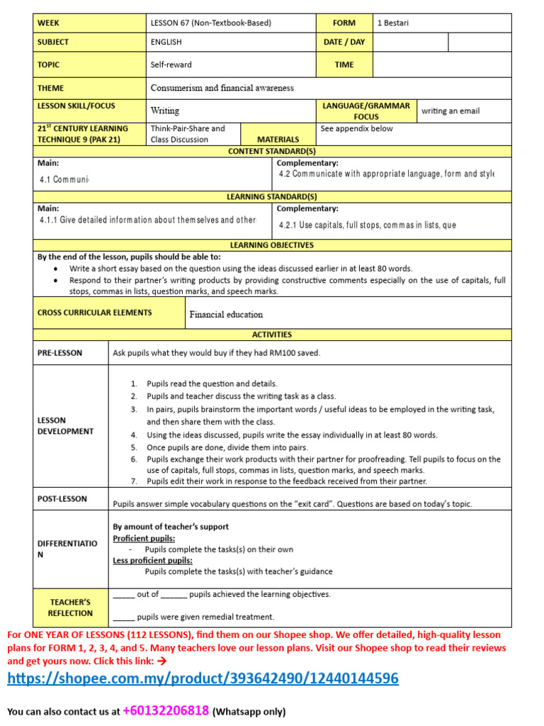 Latest Form 1 Lesson Plan Cefr Kssm English Daily Lesson Plan Rph