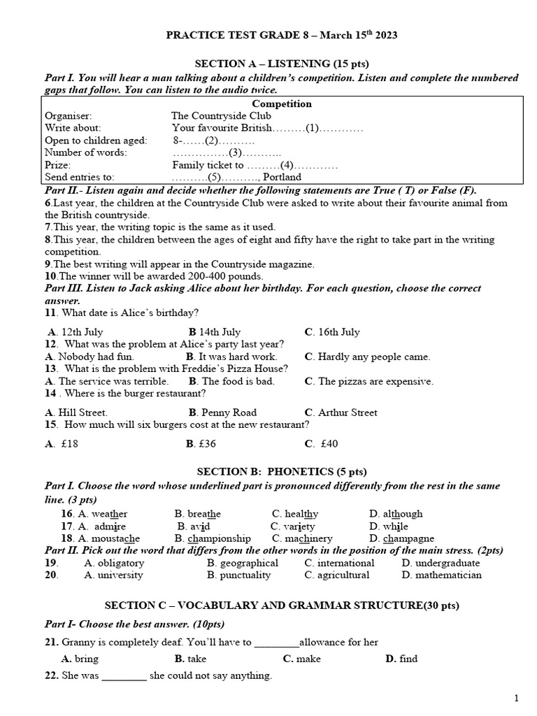 Practice Test Grade 8 Pdf Lake Water