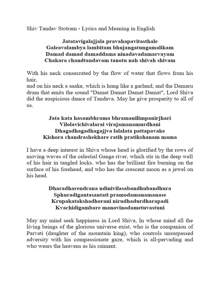 Shiv Tandav Stotram: Lyrics & Meaning | PDF | Shiva | Hindu Deities