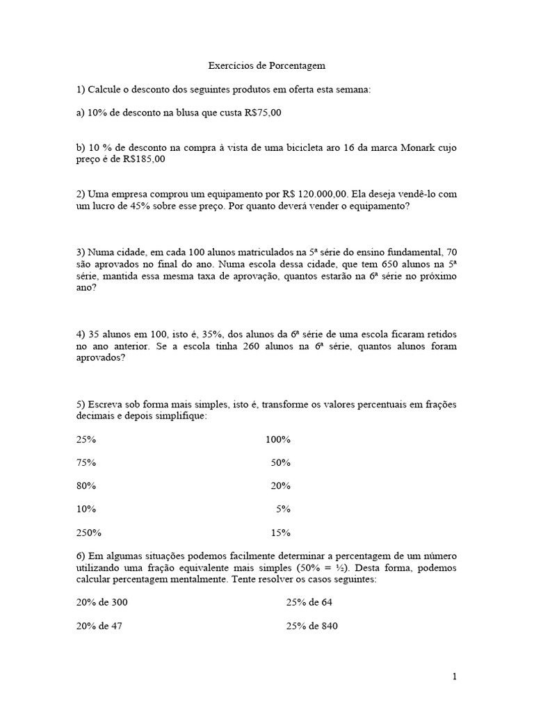 Exercícios de Porcentagem | PDF | Percentagem | Caderneta de Poupança