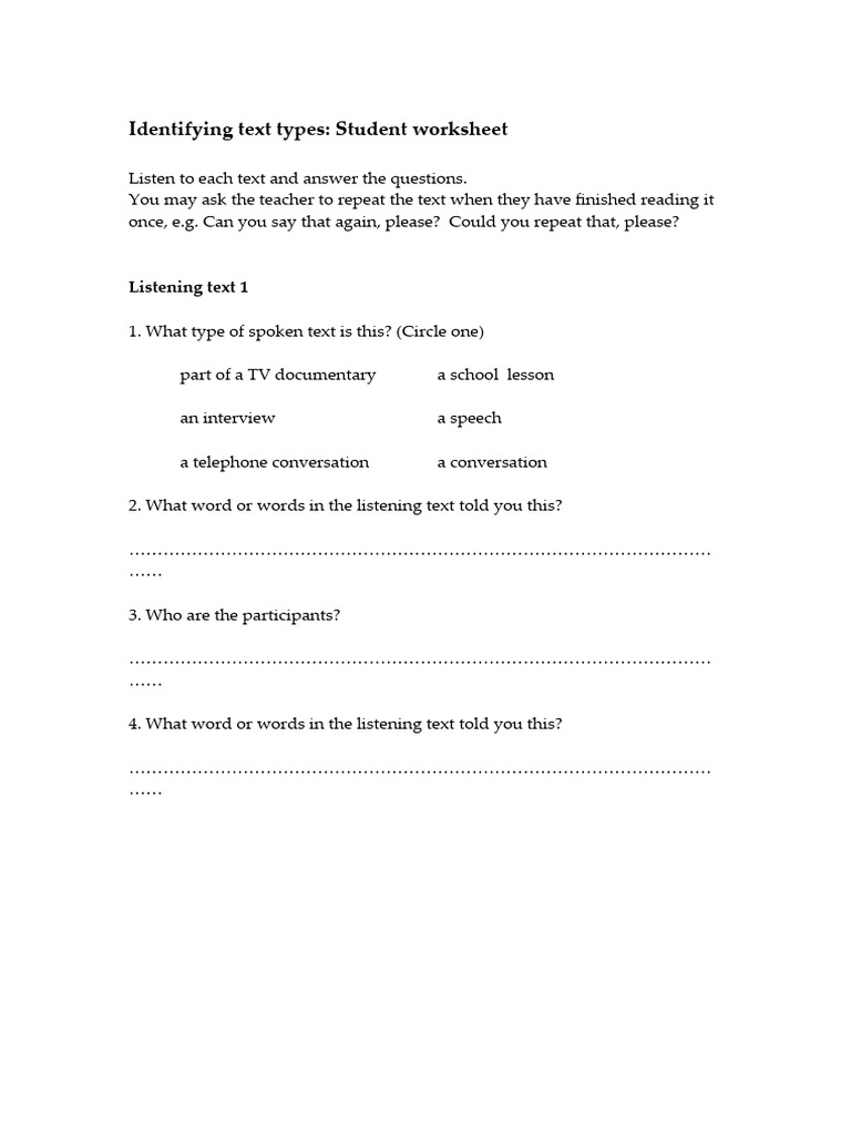 Text Types Identification Worksheet | PDF | Human Communication ...