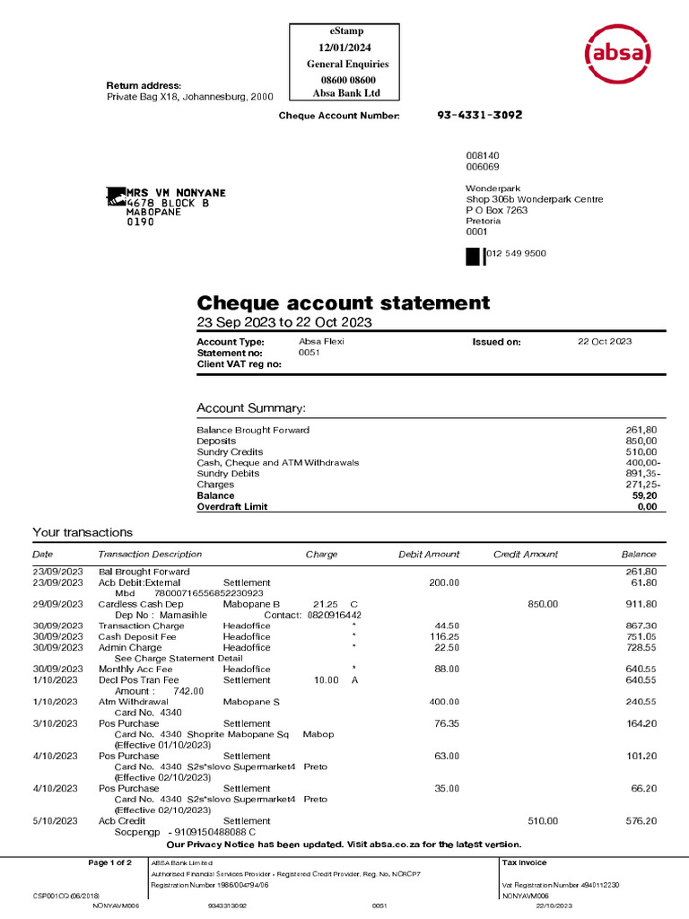 Absa Cheque Account Statement Summary | PDF