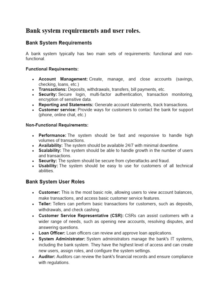 Bank System Requirements & User Roles | PDF | Banks | Audit