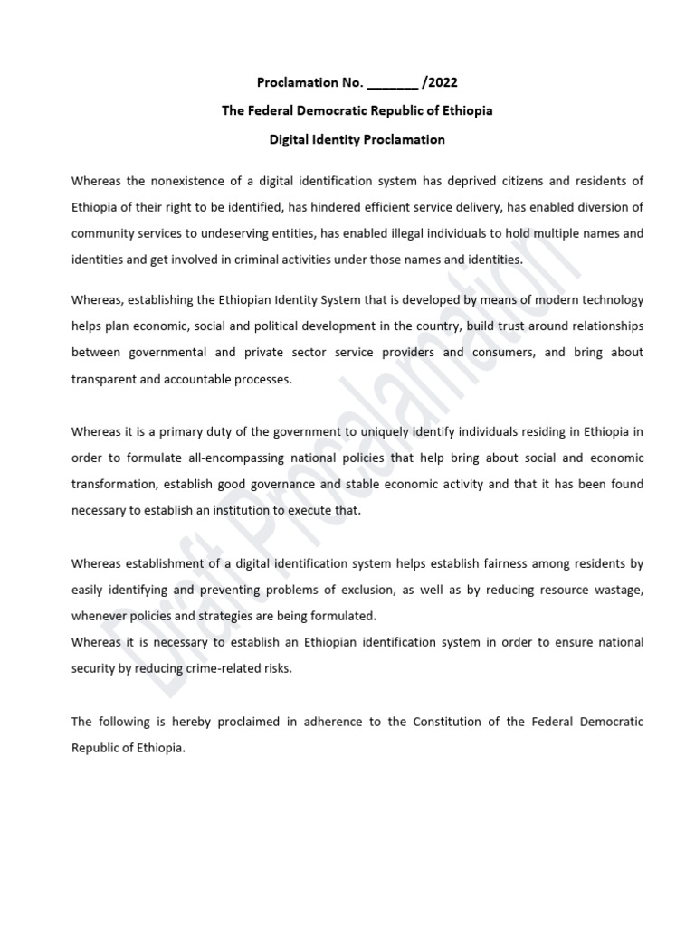 FDRE Digital ID Draft Proclamation 1284 - 2023 | PDF | Identity ...