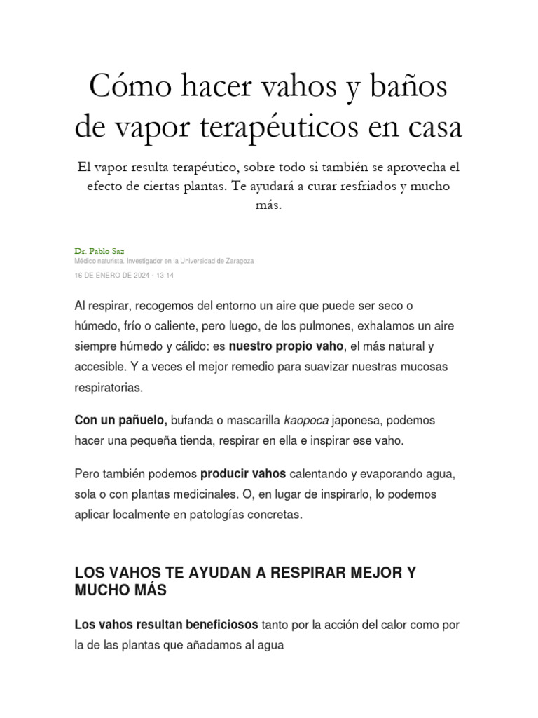 Cómo Hacer Vahos y Baños de Vapor Terapéuticos en Casa | PDF