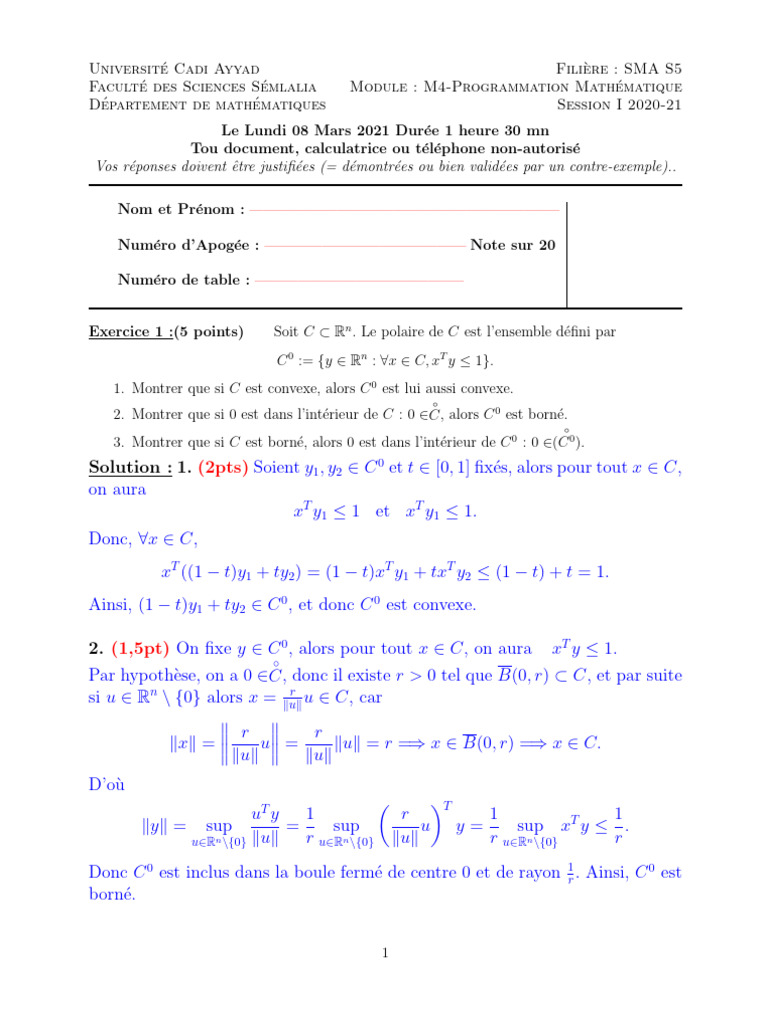 Examen de Programmation Mathématique S5 | PDF | Analyses ...