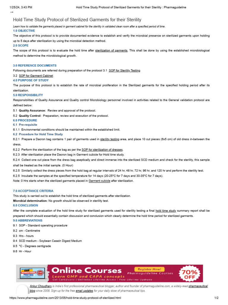 Sterilized Garments Hold Time Protocol | PDF | Sterilization (Microbiology)