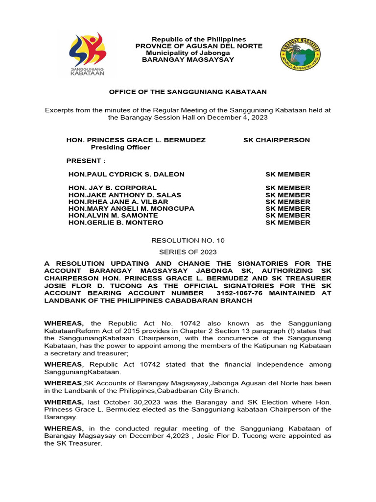SK Resolution on Account Signatories | PDF | Banks | Government