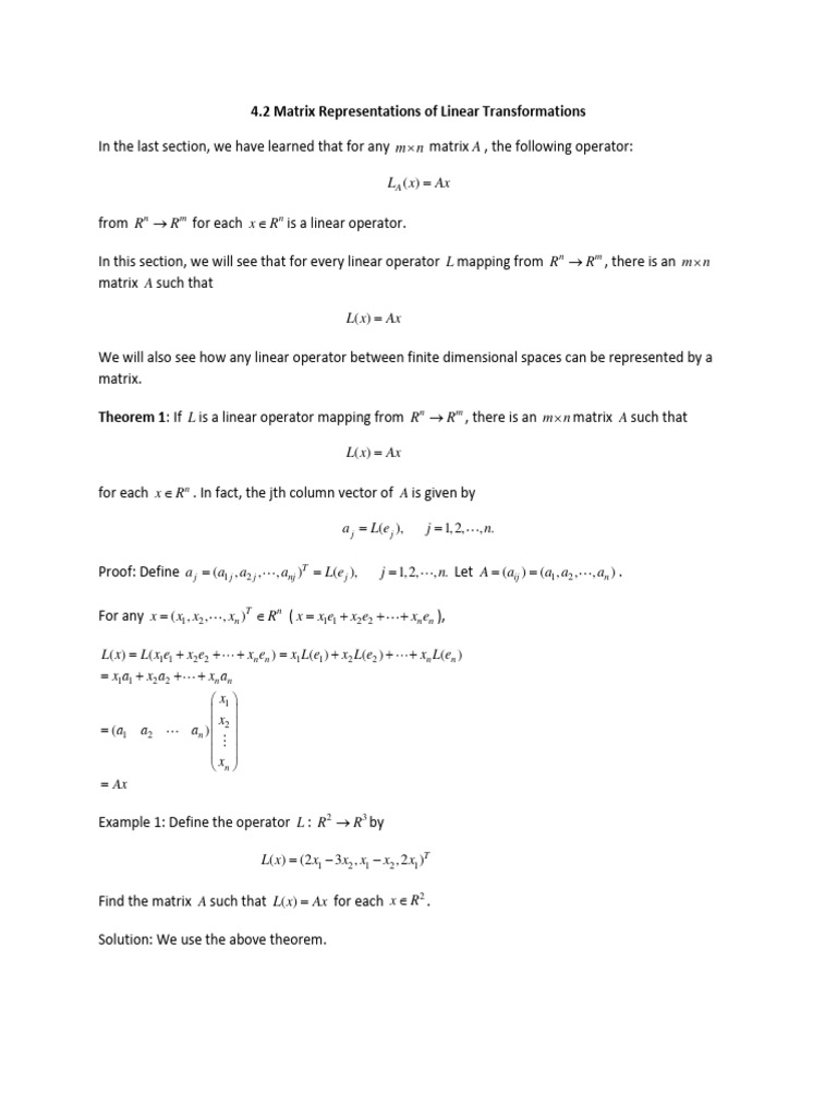 4.2 Matrix Representations of Linear Transformations: A L X Ax | PDF ...