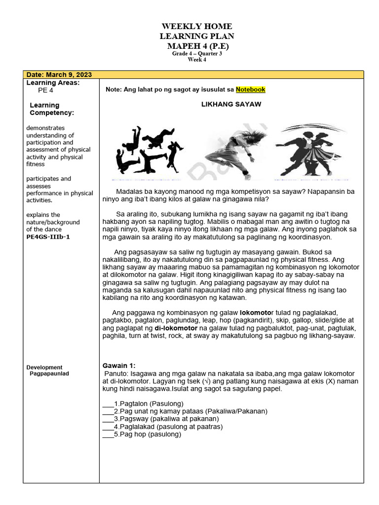 Weekly Home Learning Plan Mapeh 4 (P.E) : Grade 4 - Quarter 3 Week 4 | PDF