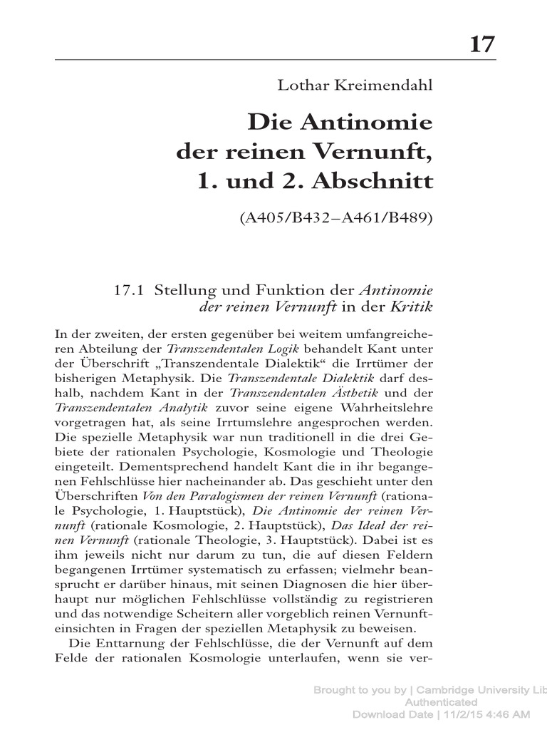 17 Die Antinomie Der Reinen Vernunft 1 Und 2 Abschnitt A405b432a | PDF
