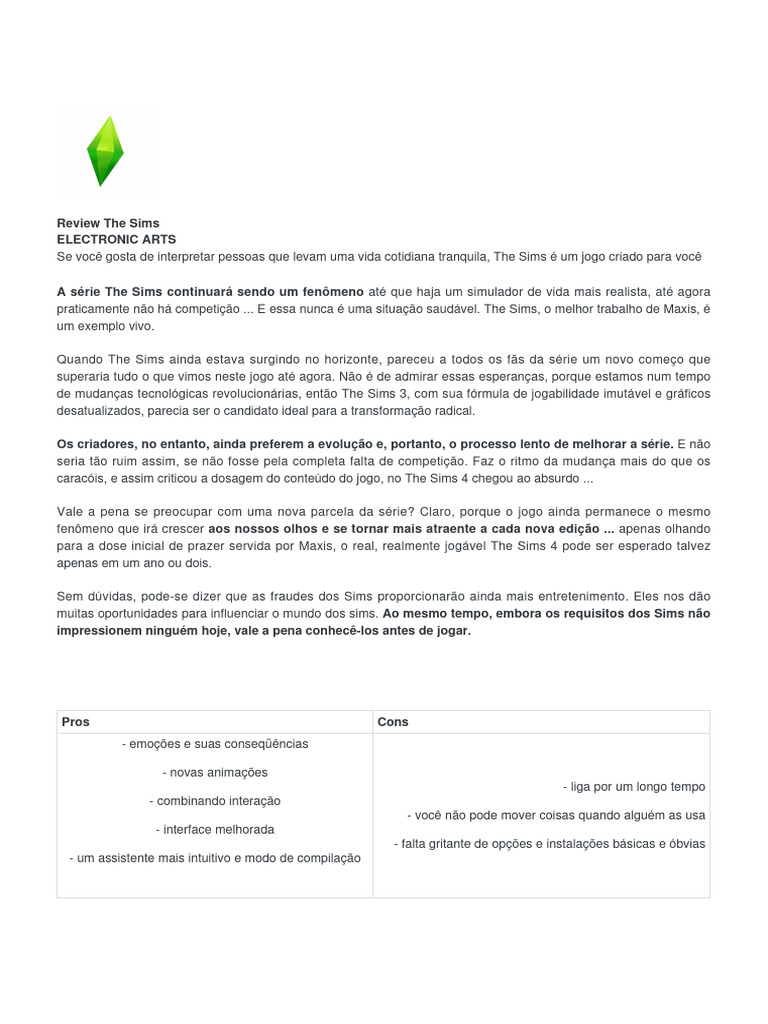 Avaliação de The Sims 4: Novo Começo | PDF | Tempo