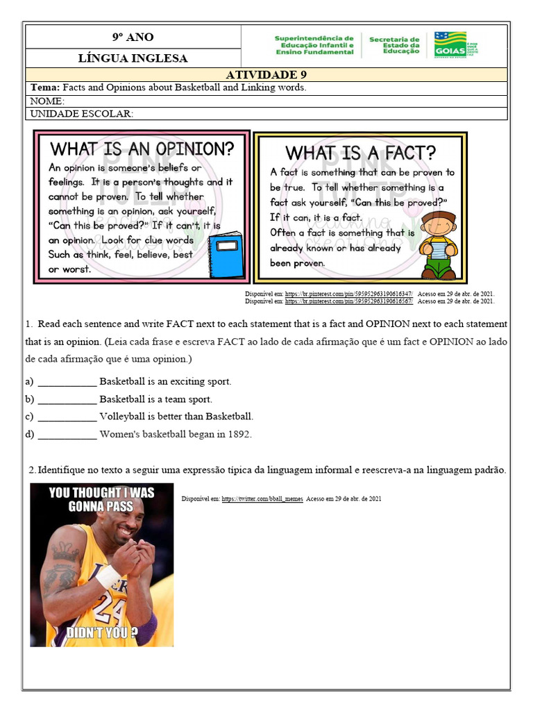 Atividade 9 9o Ano Li Facts And Opinions About Basketball And Linking