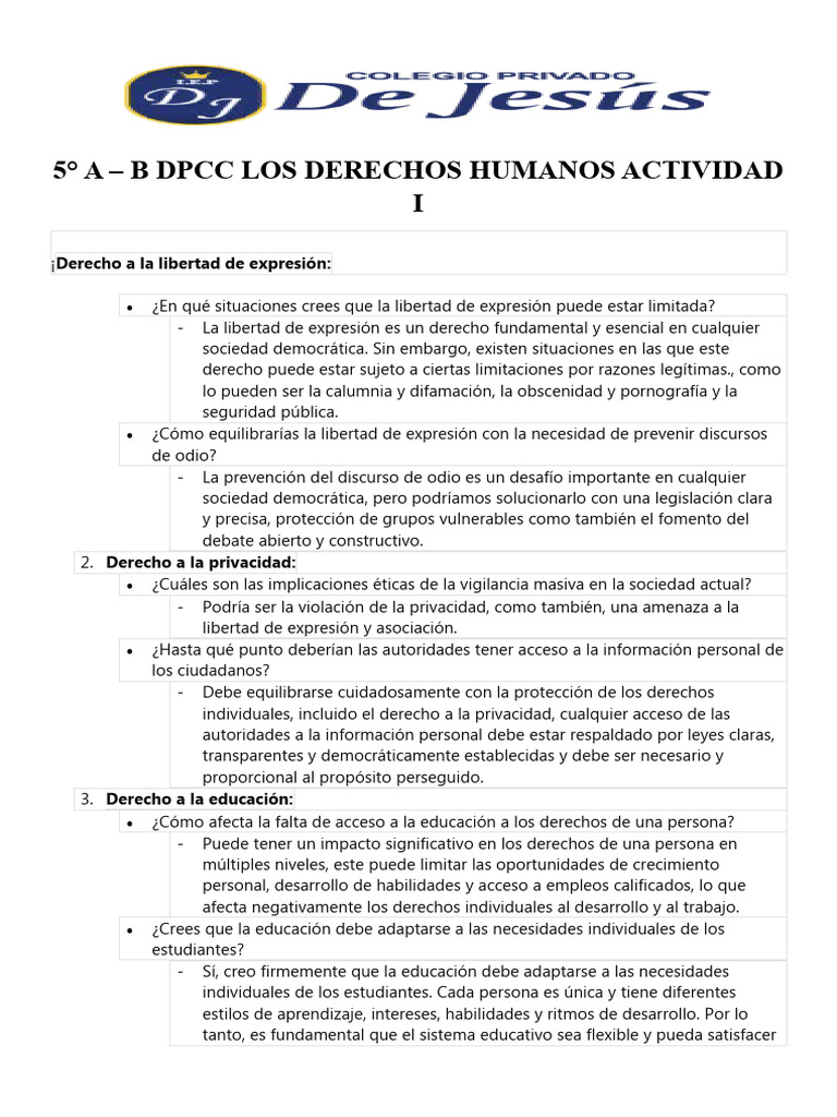 5° A B DPCC Los Derechos Humanos Actividad I | PDF | Libertad de ...
