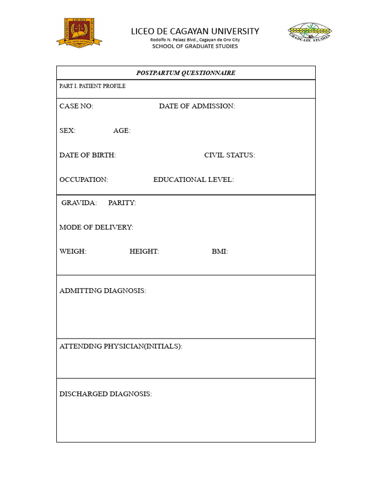 Postpartum Questionnaire for Patients | PDF | Pain | Postpartum Period