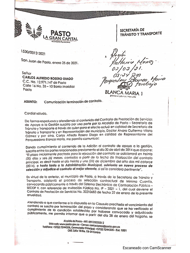 Oficio Terminacion Contrato STTM | PDF