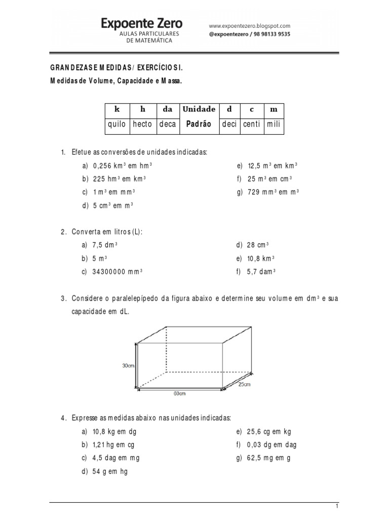 Exercícios de Volume e Capacidade 6º Ano | PDF | Métodos e Materiais de ...