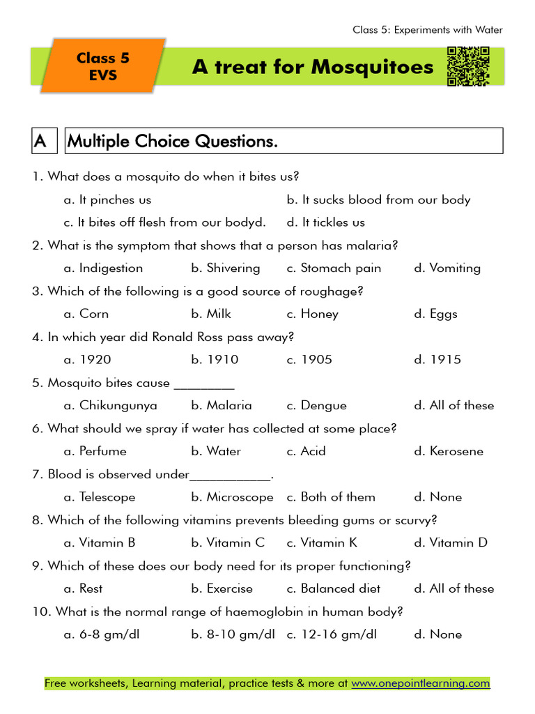 A Treat For Mosquitoes Class 5 Worksheet PDF Malaria Mosquito