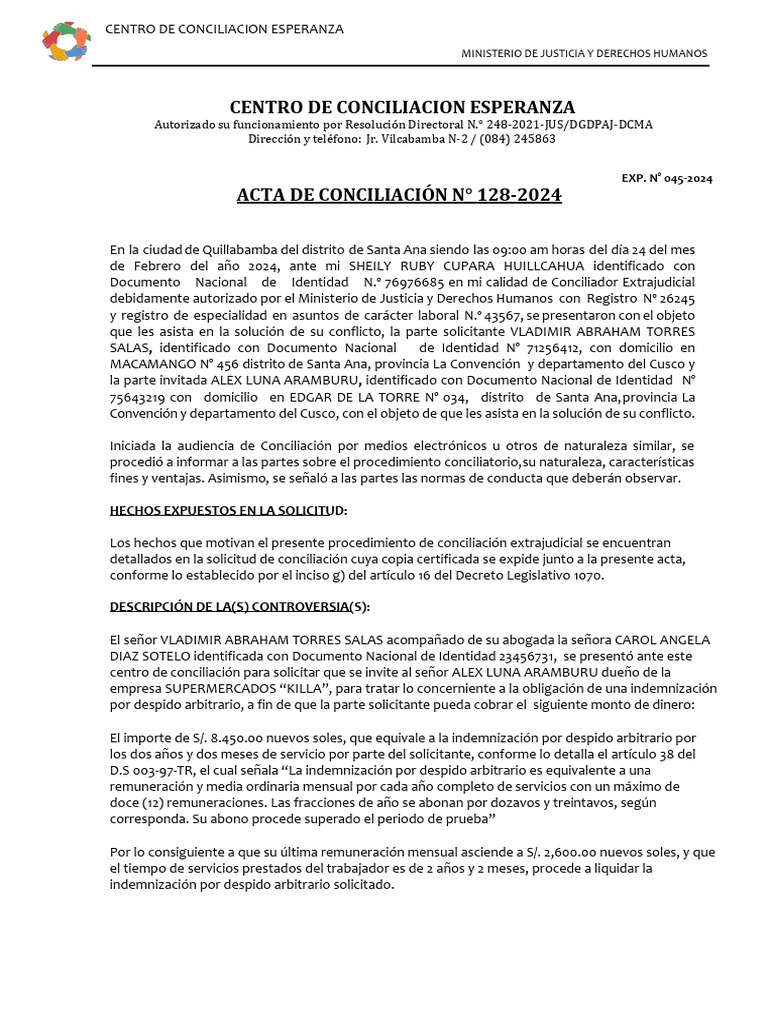 Ejemplo de Acta de Conciliación 2024 | PDF | Justicia | Crimen y violencia