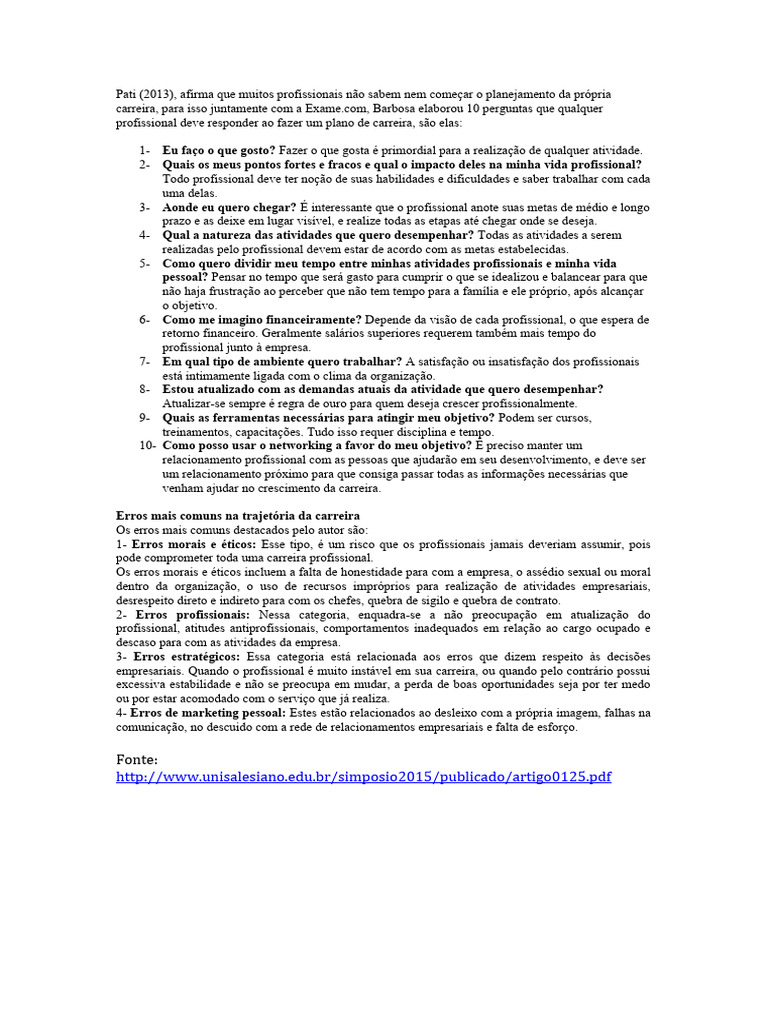 10 Perguntas para Planejamento de Carreira | PDF | Carreira e Crescimento
