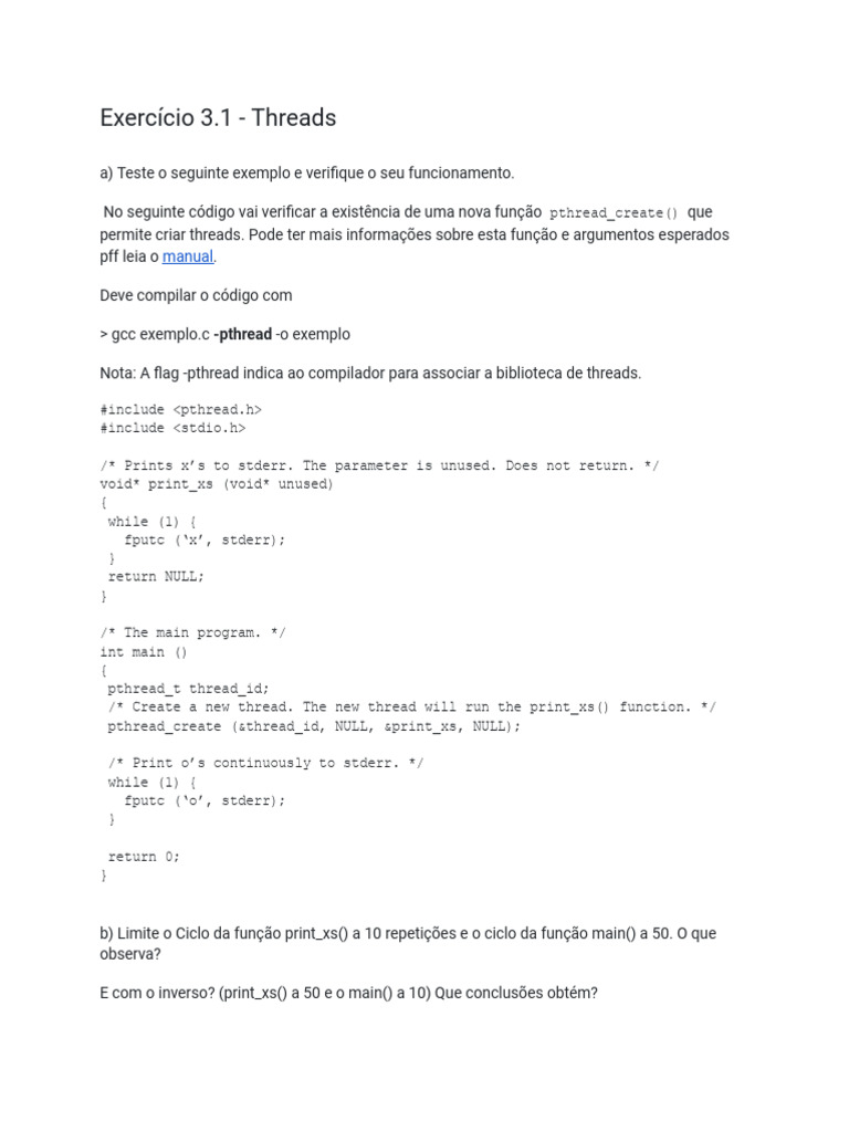 Exercício sobre Criação de Threads em C | PDF