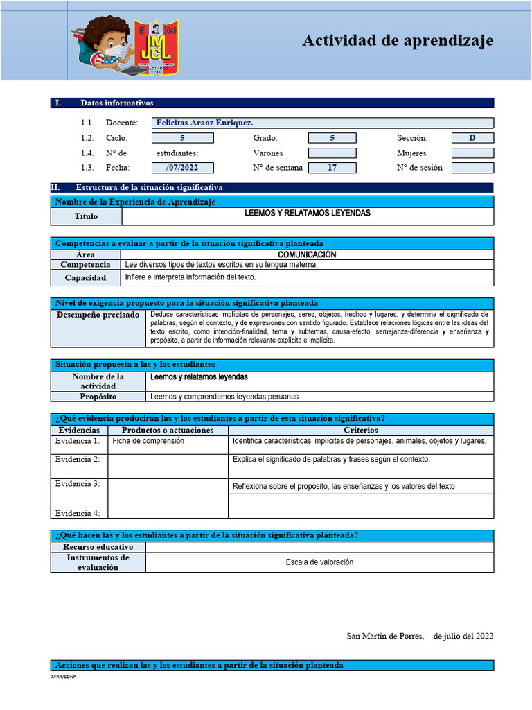 Actividad de Aprendizaje - Comunicación Plan Lector - 11 Julio | PDF ...
