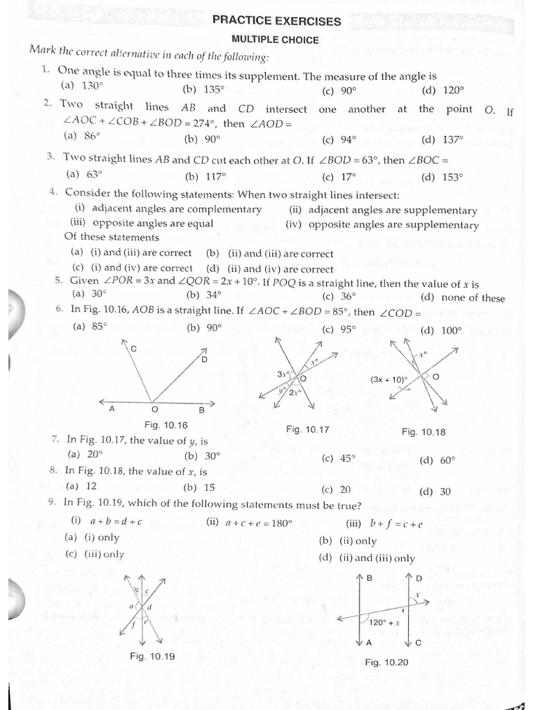 lines and angles (MCQs) PDF