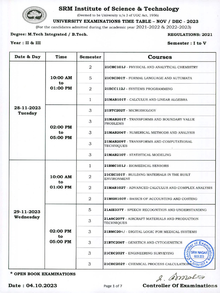 B Tech And M Tech Integrated Ft 2021 Regulations Timetable Pdf