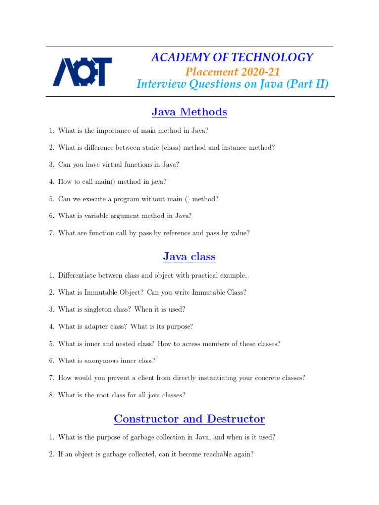 Interview Questions On Java (Part II) : Academy of Technology | PDF ...